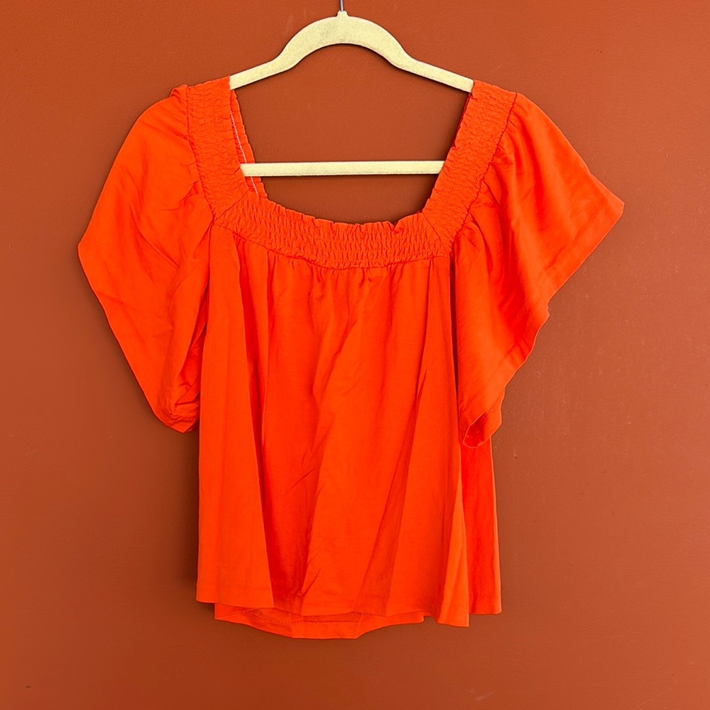 Orange Smocked Flutter Sleeve Blouse